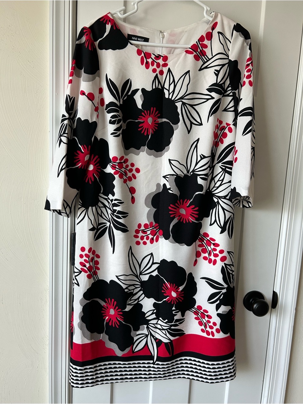 Nine West White Floral Midi Dress with Black & Red Accents